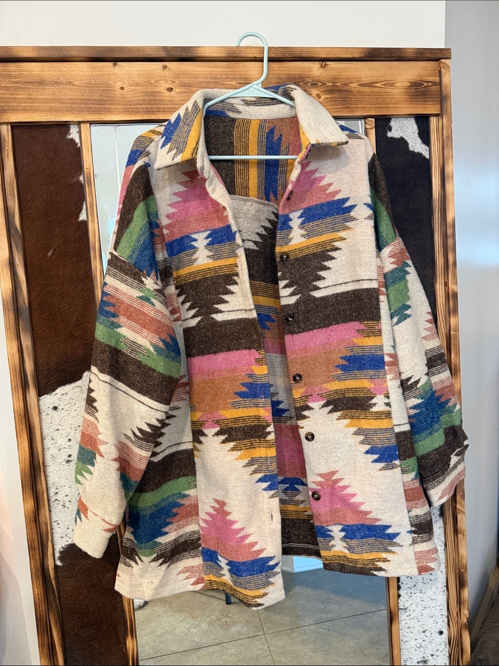 Southwestern Pattern Button-Up Jacket in Cream, Brown, Pink & Blue